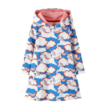 Mergaičių Printed Dress rudenį naujas populiarus ilgomis rankovėmis su Gobtuvu Suknelė ilgomis rankovėmis vaikų drabužiai