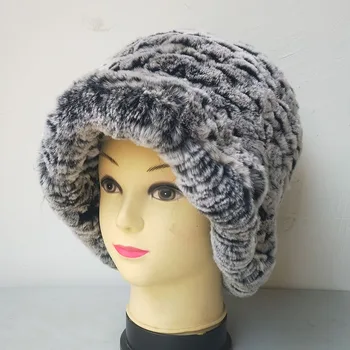 Moterys, Real Rex Triušio Kailio kepurę Storio Žiemos megzti Originali Kailio Kepurė Moteriška Banga supjaustyti dydžio Kailiniai Skrybėlės