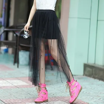 Moterys Vasarą Elegantiškas Midi Black Sijonai 2021 korėjos Mados Mergaičių Pavasario Streetwear Didelis Juosmens Atsitiktinis Balto Tiulio Sijonas DS239