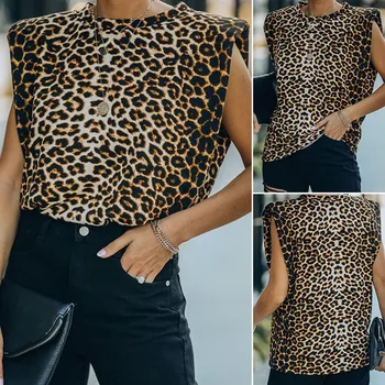 Moterų Mados Atsitiktinis Apvalios Kaklo Leopardas Spausdinti Pečių Trinkelėmis T-Shirt Prarasti Vest Leopardas