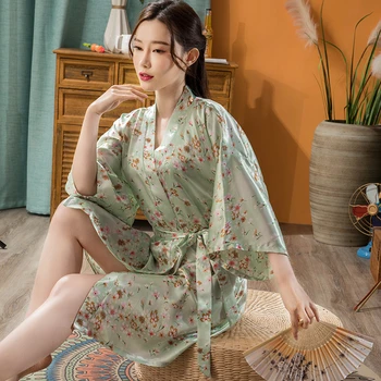 Moterų Sexy Vasaros Plonas Naktį Suknelė Japonijos Yukata Šilko Imitacijos Mažų Gėlių Trumpas Kimono Megztinis Chalatas 2022 Naujas Stilius