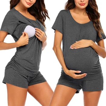 Motinystės Drabužiai Viršuje Dryžuotas Krūtimi Tee Marškinėliai Moterims Nėštumo Slaugos Viršūnes Atsitiktinis Šalutinis Shirred Ropa Embarazada Maman