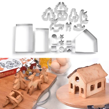 Nauja Plieno 3D Patvarus Meduoliai su imbiero priedais Namai Kepimo Tools18PCS Kalėdinių Sausainių kepimo Formą Nustatyti, Virtuvės Įrankis Kambarys Pelėsių Nerūdijančio