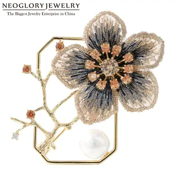 Neoglory Rankų Darbo Siuvinėjimas Slyvų Žiedų, Gėlių Sages Moterims Kinų Klasikinio Stiliaus Cirkonis Perlas Pin Medžiaga Priedai