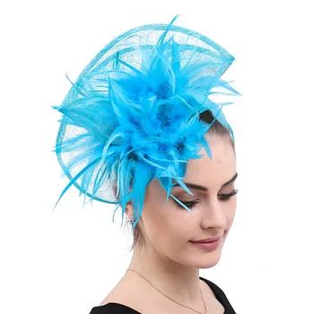 Pavasario Sunkiųjų Plunksnos Elegantiškas Vestuvių Skrybėlės, Lininės Kepurės Turkis Mėlyna Didelis Plaukų Apdailos Moterų Vestuvių Priedai Boda