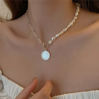 Prancūzijos Derliaus Natūralių Gėlavandenių Perlų MONETŲ Karoliai Moterų Nauja Tendencija Baroko OT Sagtis Pakabukas Clavicle Grandinės Papuošalai Dovana