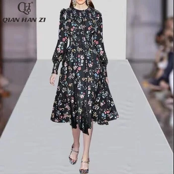 Qian Han Zi Vasaros Mados dizainas 2 dalių komplektas už wome ilgomis rankovėmis viršūnes+derliaus gėlių spausdinti nėrinių elastinga juosmens sijonas kostiumas