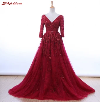 Raudona Long Sleeve Lace Prom Dresses 2017 Tiulio Zawalcowany Baigimo Šalis vakarinę Suknelę Chalatai vestido formatura longo