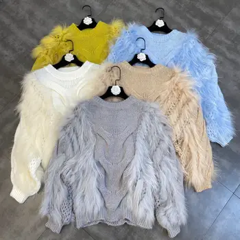 Rudenį ir žiemą 2021 apvalios kaklo, ilgomis rankovėmis kanapių modelis susiuvimo meškėnas, plaukų atsitiktinis moterų džemperis moterims