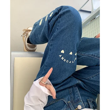 Rudenį Moterų Baggy Jeans Derliaus Aukšto Juosmens Appliques Dizaino Harajuku Tiesios Kelnės Street Moterų Pločio Kojų Džinsinio audinio Kelnių