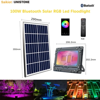 Saikiot 100W Saulės RGB LED Prožektorius Prožektorius Šviesos Lauko IP67 atsparus Vandeniui Bluetooth, Nuotolinio valdymo pultelis Saulės RGB Led Lempos
