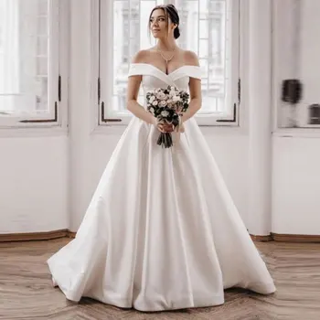Satin A-line Wedding Suknelė Paprasta Rankovėmis Brangioji Nėrinių Sušluokite Atgal Traukinio Nuotakos Suknelė Vestido De Novia