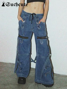 SUCHCUTE Derliaus Grunge Krovinių Moterų Džinsus Streetwear Žemas Augimas Pločio Kojų Džinsinio audinio Kelnės Kpop Užtrauktukas Tvarstis Kratinys Baggy Kelnės