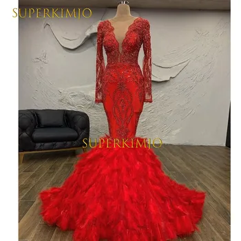 SuperKimJo Vestidos De Fiesta Raudona Plunksna, Vakaro Suknelės Ilgomis Rankovėmis V-Kaklo Undinė Kuklus Nėrinių Aplikacijos Oficialią Suknelės
