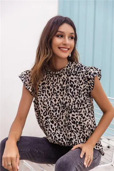 Top Moterų Leopardas Spausdinti Pavasario Vasaros Mados Moterų Nekilnojamojo Kulka Pusę Golfo Žiedlapis Rankovėmis T-Shirt
