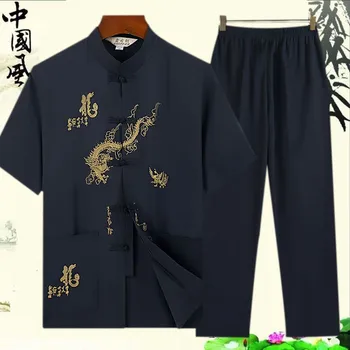 Tradicinės Kinų Vyrų Siuvinėjimo Tango Kostiumas Trumpomis Rankovėmis Taichi Vienodas Medvilnės Dragon Wushu Drabužių Laisvas Vyras Kung Fu Marškinėliai