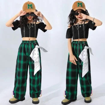 Vaikų, Paauglių Kpop Hip-Hop Drabužių Pasėlių Viršų pečių Marškinėliai Atsitiktinis Streetwear Krovinių Pants Mergina Džiazo Šokio Kostiumų Drabužiai
