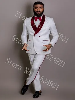 Vienas Mygtukas Groomsmen Baltos Spalvos Modelis Jaunikis Tuxedos Skara Bordo Aksomo Atvartas, Vyrų Kostiumai, Vestuvių Geriausią Vyro ( Striukė+Kelnės+Kaklaraištis ) D78