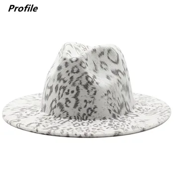 Vilnos leopard-print fedora hat, white plokščių kraštų vilnonių džiazo sutirštės rudenį ir žiemos skrybėlę džiazo klasika fetrinė skrybėlė bažnyčios skrybėlę