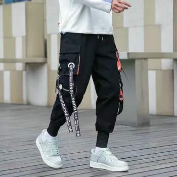 Vyrai Krovinių Kelnės Juodos Juostelės Bloko Multi-Pocket 2022 Naujos Haremo Poilsiu Harajuku Sweatpant Hip-Hop Atsitiktinis Vyrų Haremas Kelnės