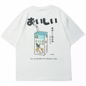 Vyrai T-Shirt Hip-Hop Japonų Kanji Laišką Gerti Spausdinti Negabaritinių Marškinėlius Streetwear Medvilnės Atsitiktinis Vasaros vyriškų Drabužių Baltos Viršūnės