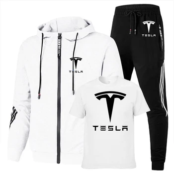 Vyriški kostiumai Tesla Automobilio Logotipu Pavasario aukštos kokybės medvilnės Mados juostele Medvilnės Vyrų palaidinukė+T-shirt+sporto kelnės 3-piec