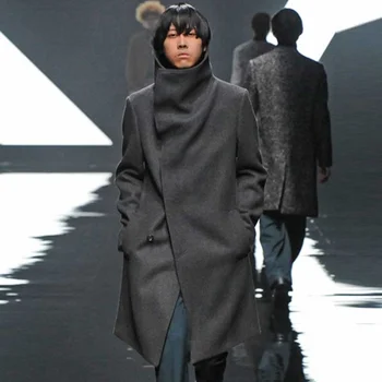 Vyriški tranšėjos paltai 2020 m. rudens ir žiemos prarasti mados atsitiktinis didelis atvartas, juoda vidutinio ilgio vilnonis paltas