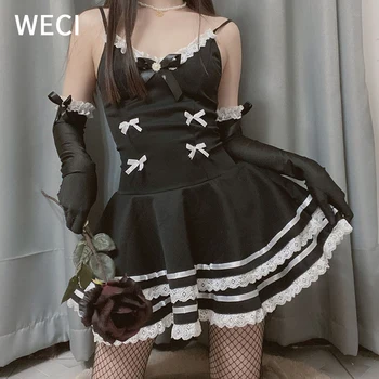 WECI Moterų Lolita Seksualus Kambarinės Cosplay Kostiumų Mielas Black Princess Dress Anime Punk Mokyklos Mergina Gotų Apranga Su Kepurės Pirštinės Naujas