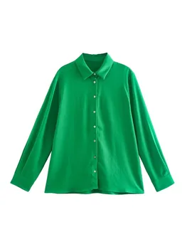 XEASY 2022 Moterų Mados Žalioji Marškinėliai Atsitiktinis ilgomis Rankovėmis Vieną Krūtinėmis Atvartas Moterų Prašmatnus Viršūnės