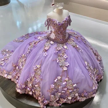 Xijun Levandų Kamuolys Suknelė Quinceanera Suknelės 15 Šalies 3D Gėlių Nėrinių Aplikacijos Duobute Kristalų Off Peties Gimtadienio Chalatai