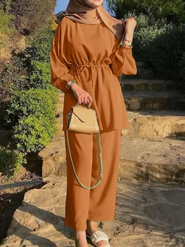 ZANZEA Mados turkijos Rudenį Rinkiniai Abayas Moterų Musulmonų Elegantiška Palaidinė Plati Koja Kelnės, Kostiumas, Kietas Islamo Drabužių, Negabaritinių