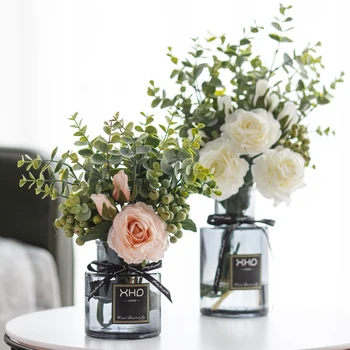 Šiaurės Stiklo Vaza+Dirbtinių Gėlių Nustatyti Dekoro Namų Gėlių Puokštė Figūrėlės Amatų Svetainės Baldų Dekoravimas Vestuvių Dovana