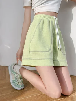 Žalia sporto šortai moterims vasaros plonas paaukštintu liemeniu prarasti tiesiai plonas, plataus kojų atsitiktinis tritaškių kelnės