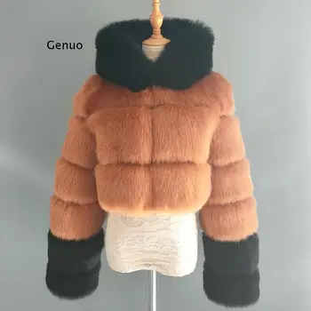 Žiemos Moteris Aukštos Kokybės Purus Dirbtiniais Kailiais Kailis Moterų Žiemos Paltai su Skrybėlę Fox Fur Susiuvimo Spalvų Atitikimo Kailiai, Kailio