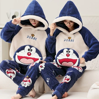 Žiemos Tirštėti Pižamos Sleepwear Porų Pižama Rinkiniai Moterims, Vyrams, Animacinių Filmų Doraemon Korėjos Mėgėjams Homewear Minkštas Šiltas Pijama Hoodies